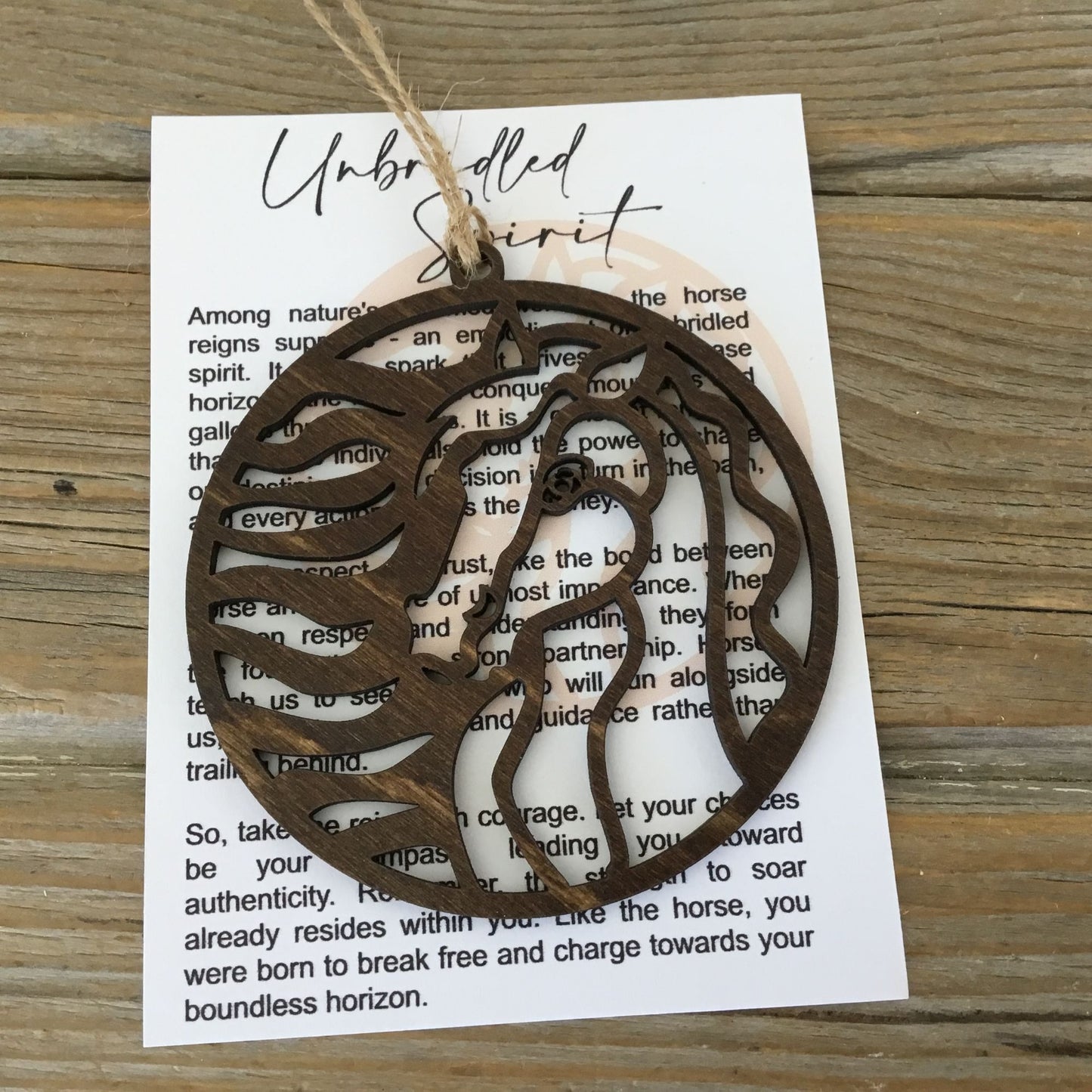 Horse “Unbridled Spirit” Story Card Ornament Brown Finished Wood