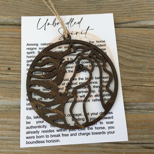 Horse “Unbridled Spirit” Story Card Ornament Brown Finished Wood