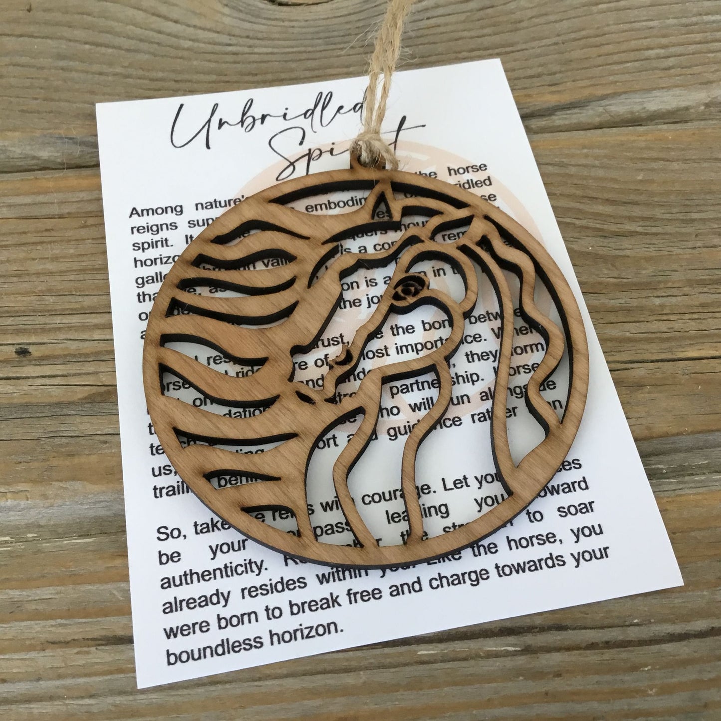 Horse “Unbridled Spirit” Story Card Ornament Unfinished Cherry Wood