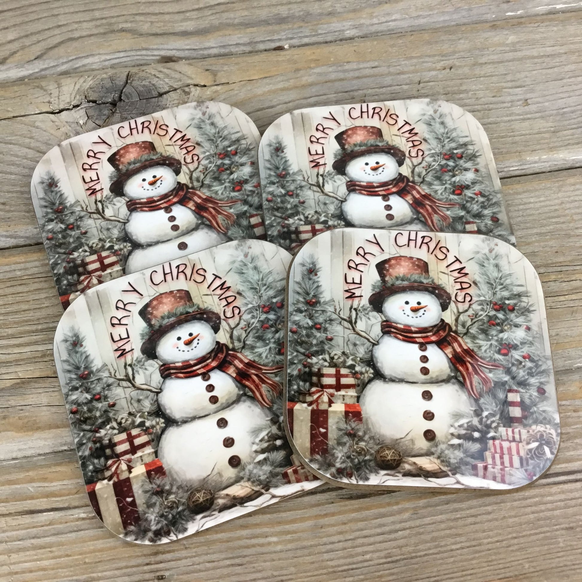 Rustic Snowman Merry Christmas Set of 4 Wooden Coasters