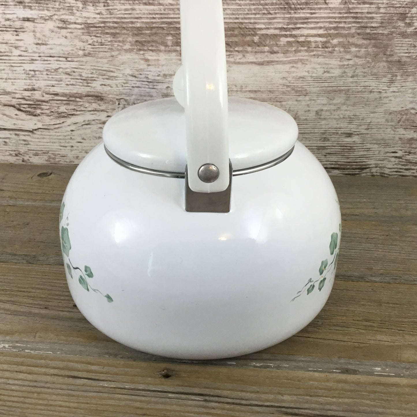 Vintage Callaway Green Ivy White Enamel Teapot With Handle And Lid