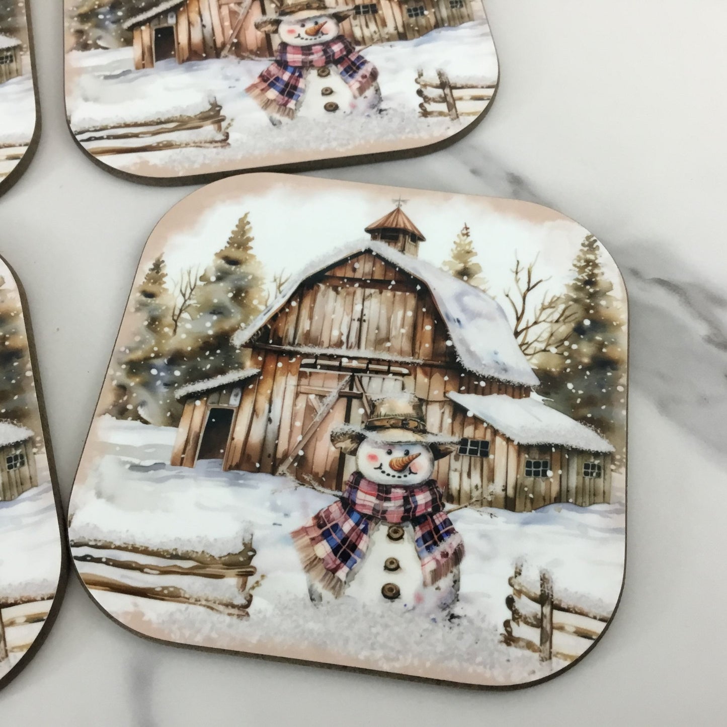 Rustic Country Snowman Wood Hardboard Coasters Set of 4