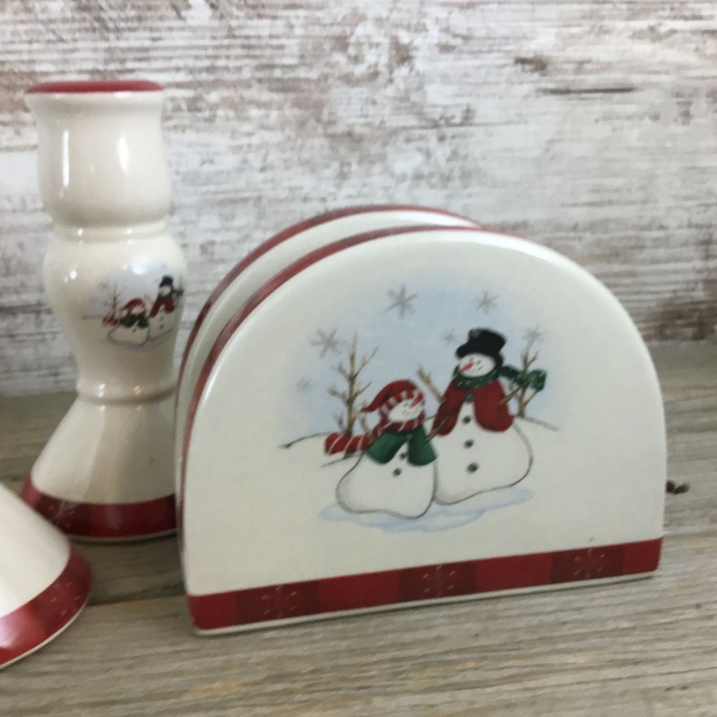 Royal Seasons Snowman 5 Piece Stoneware Accessory Set - Candle Sticks, Napkin...