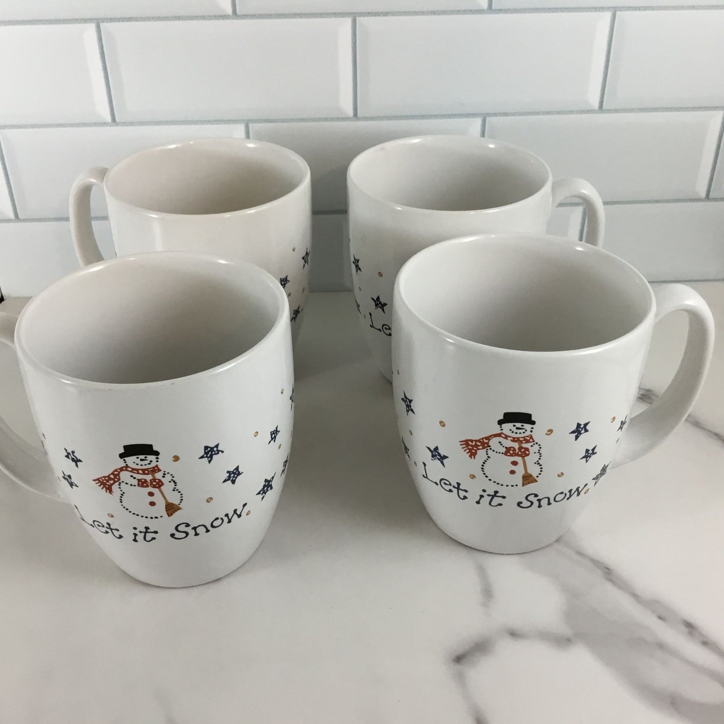 Set of 4 Corelle Frosty Morn Let It Snow Stoneware Cups Winter Snowman