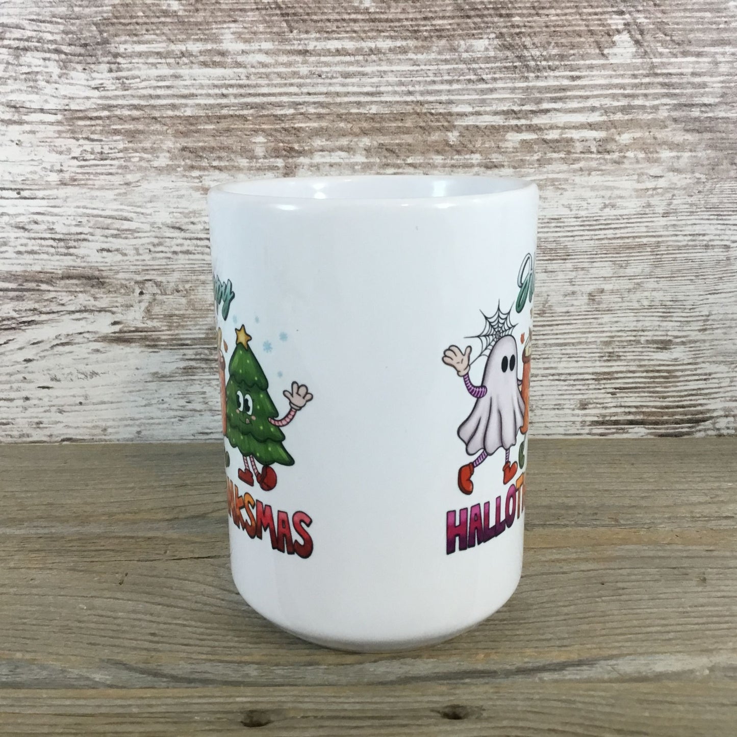 Happy HalloThanksMas Ghost, Pumpkin Spice and Christmas Tree Design 15 oz Ceramic Mug Side View