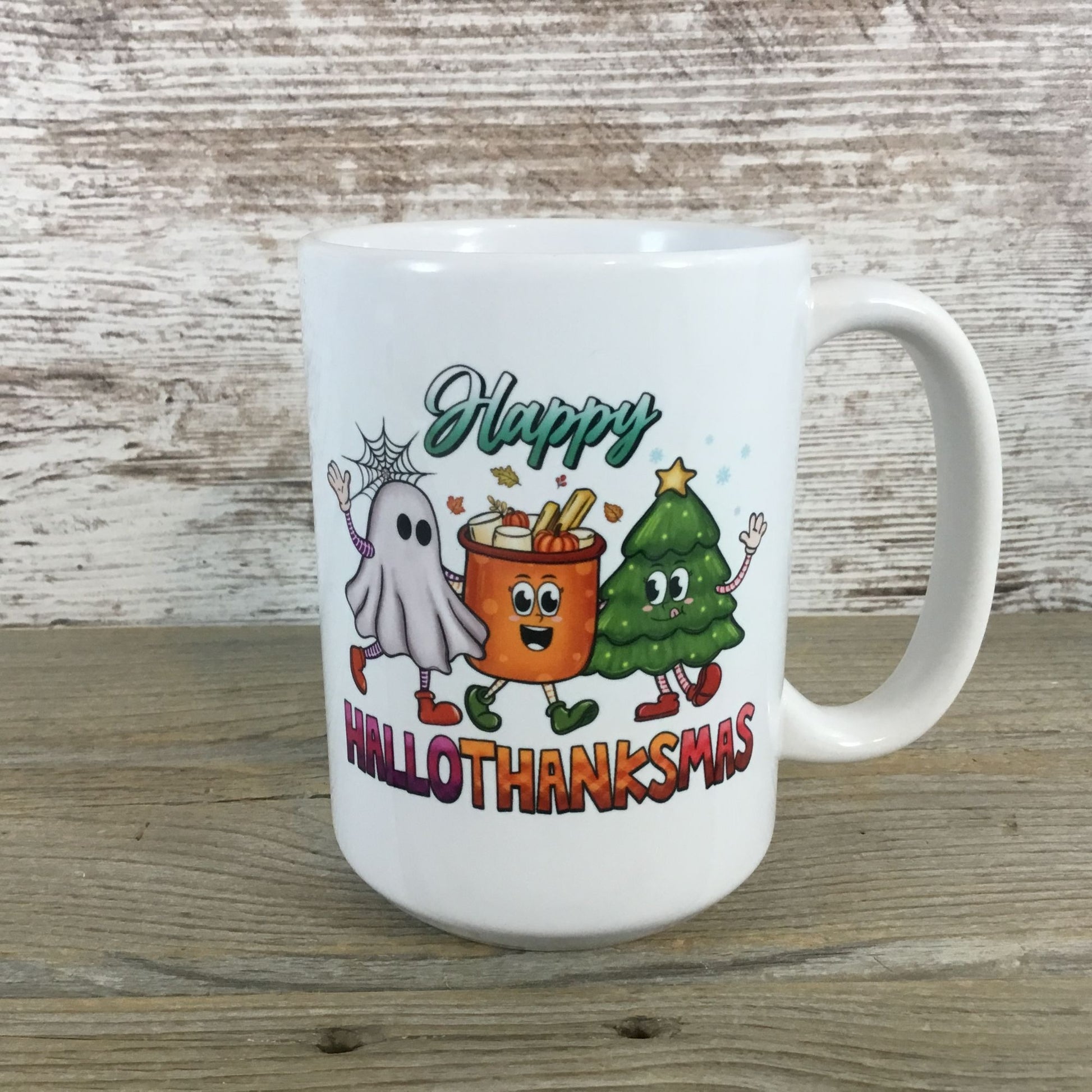 Happy HalloThanksMas Ghost, Pumpkin Spice and Christmas Tree Design 15 oz Ceramic Mug Back View