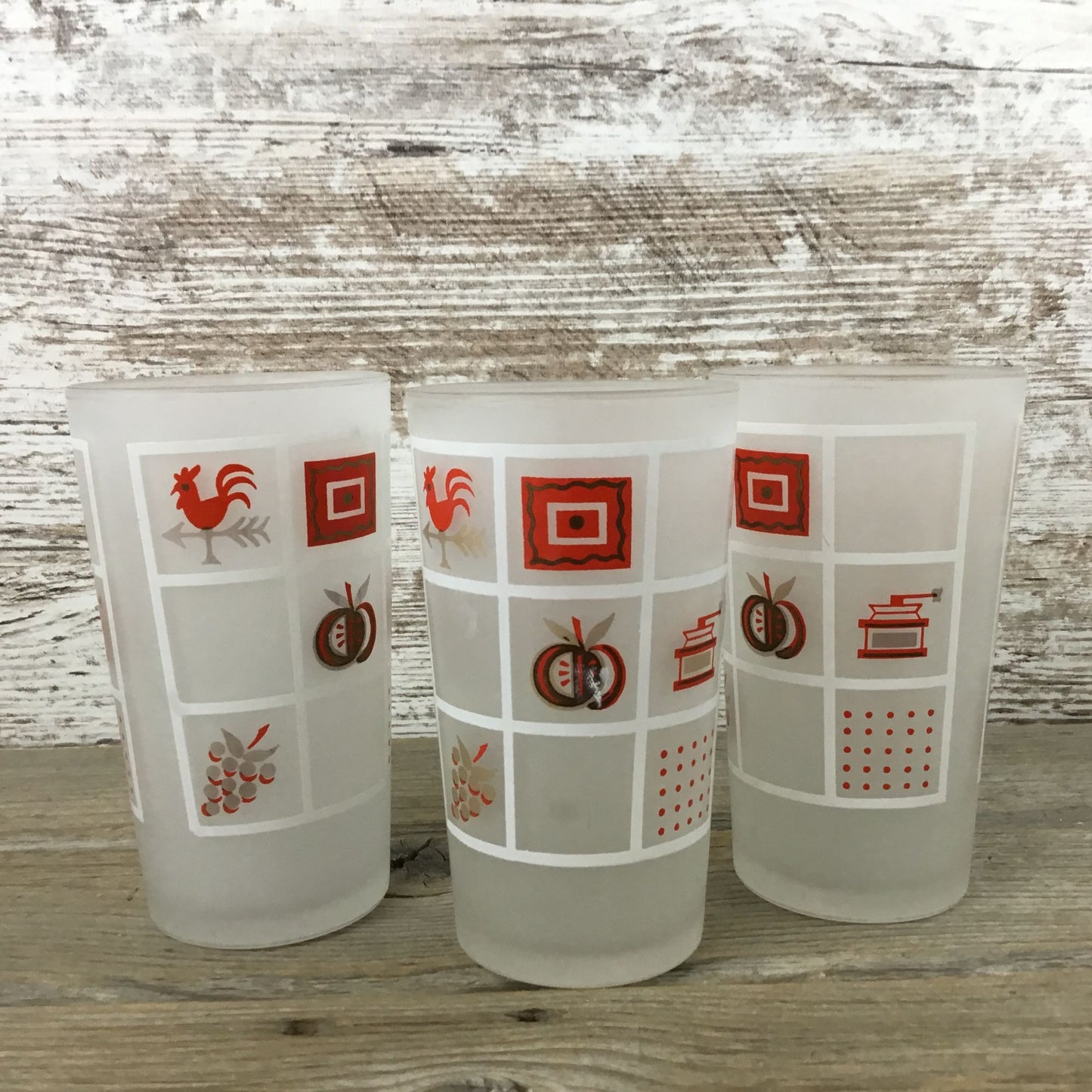 Set Of 3 Vintage Anchor Hocking Frosted Glasses With Red White & Gold Farmhouse
