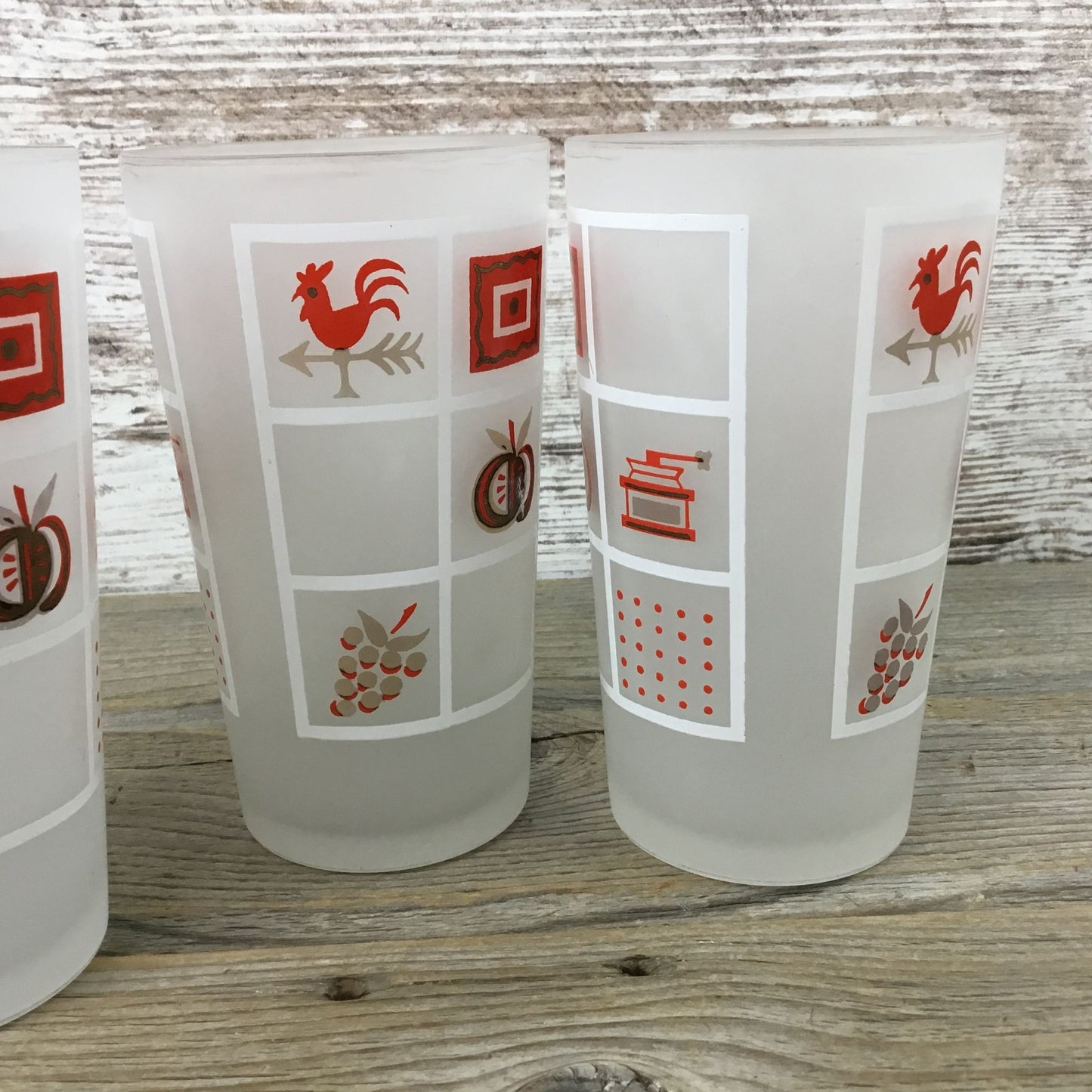 Set Of 3 Vintage Anchor Hocking Frosted Glasses With Red White & Gold Farmhouse