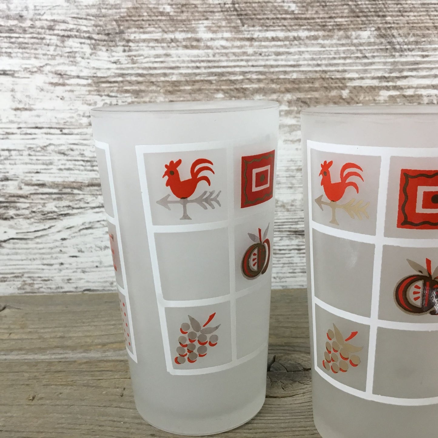 Set Of 3 Vintage Anchor Hocking Frosted Glasses With Red White & Gold Farmhouse