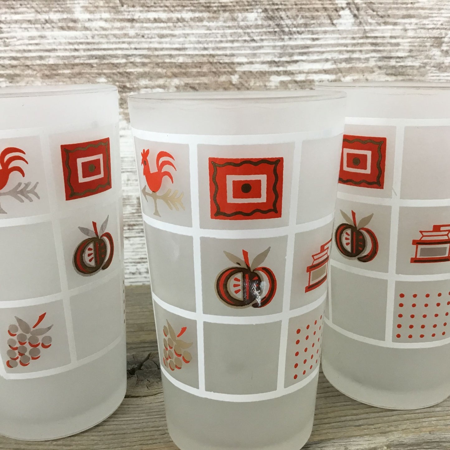 Set Of 3 Vintage Anchor Hocking Frosted Glasses With Red White & Gold Farmhouse