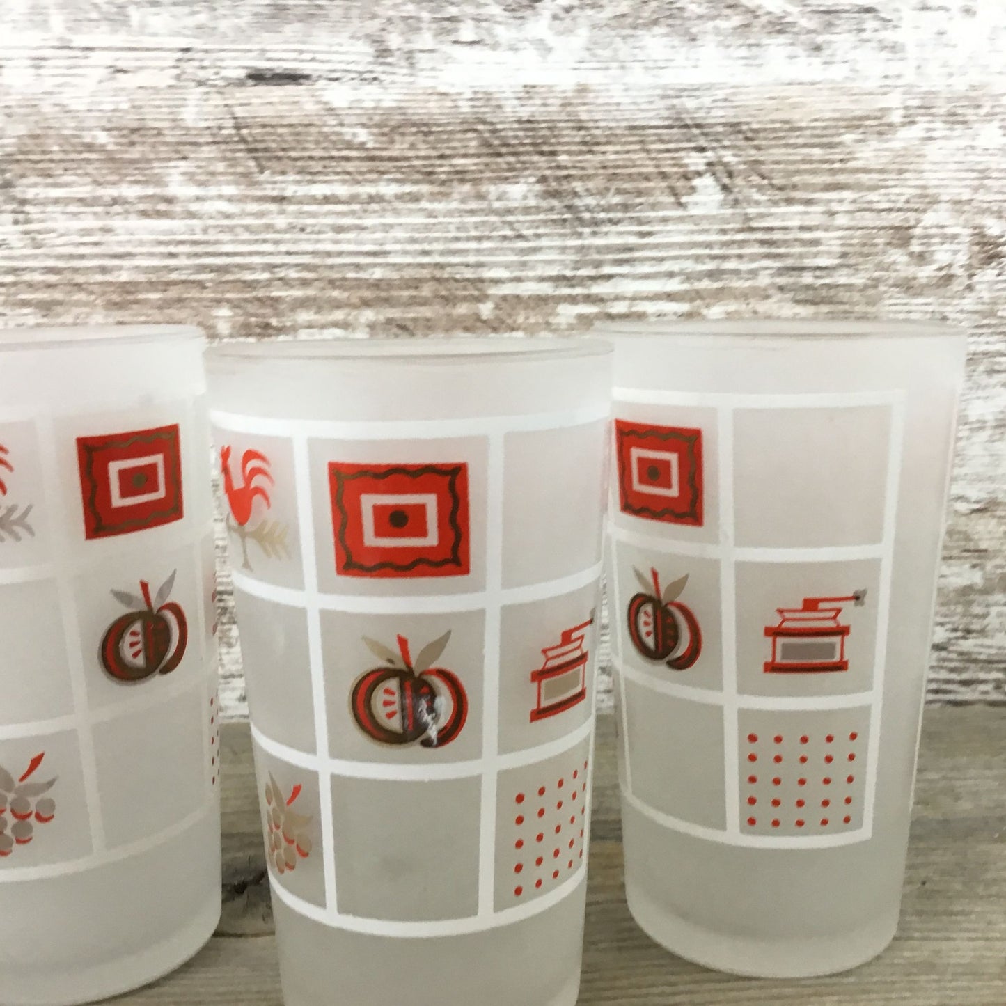Set Of 3 Vintage Anchor Hocking Frosted Glasses With Red White & Gold Farmhouse