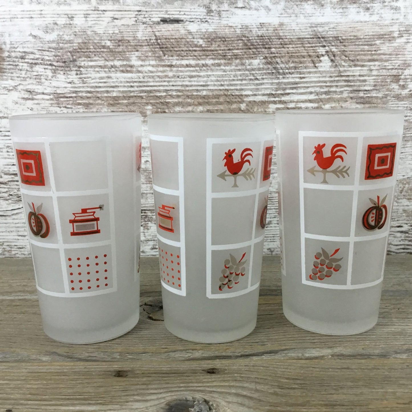 Set Of 3 Vintage Anchor Hocking Frosted Glasses With Red White & Gold Farmhouse