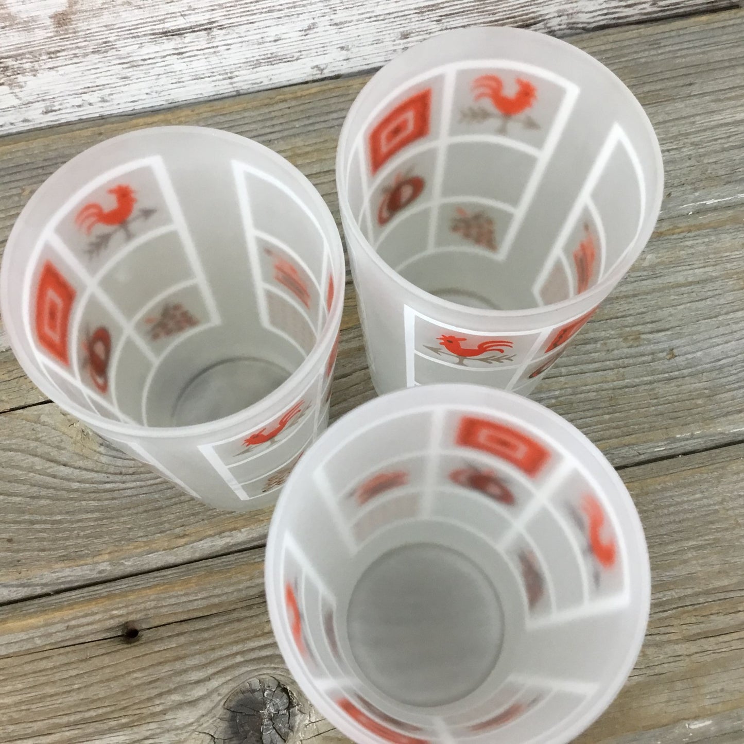 Set Of 3 Vintage Anchor Hocking Frosted Glasses With Red White & Gold Farmhouse