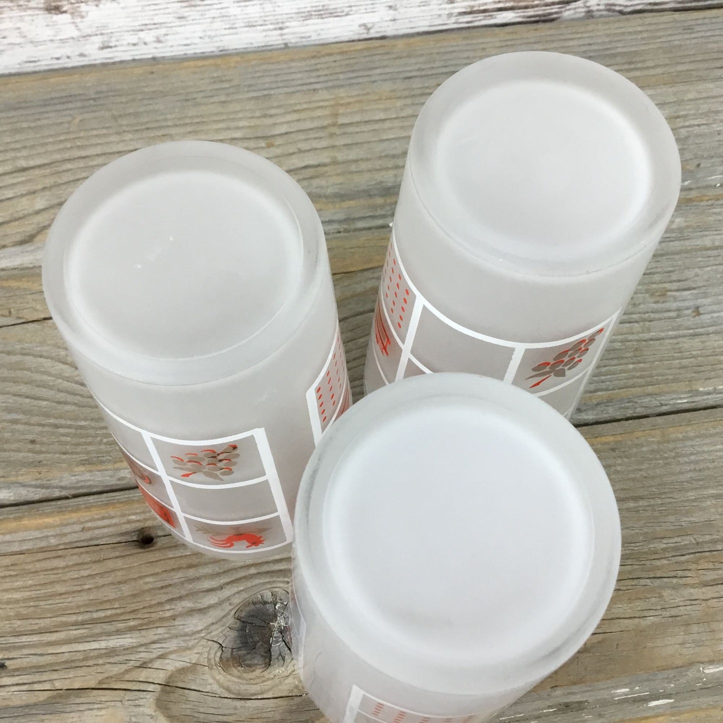 Set Of 3 Vintage Anchor Hocking Frosted Glasses With Red White & Gold Farmhouse