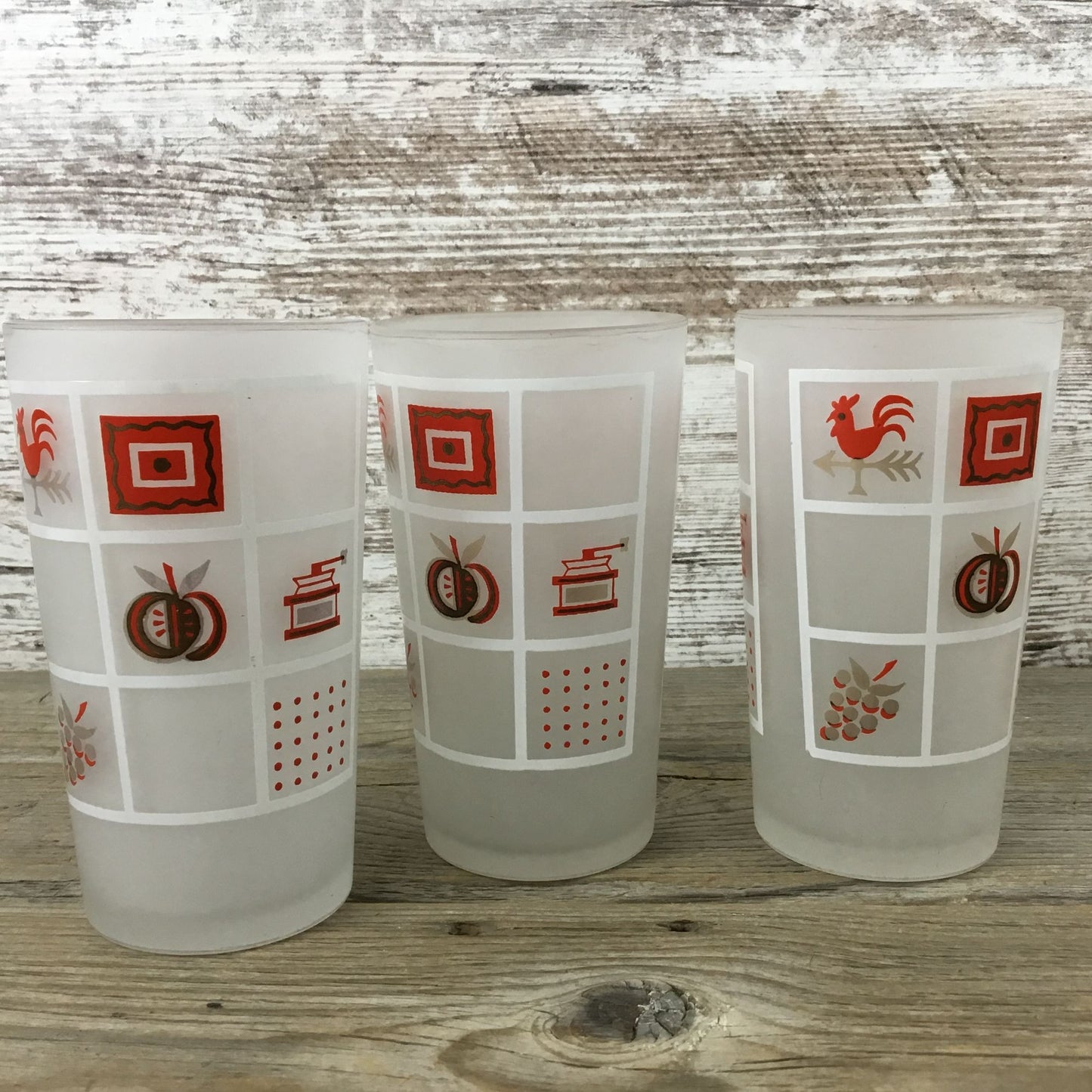 Set Of 3 Vintage Anchor Hocking Frosted Glasses With Red White & Gold Farmhouse