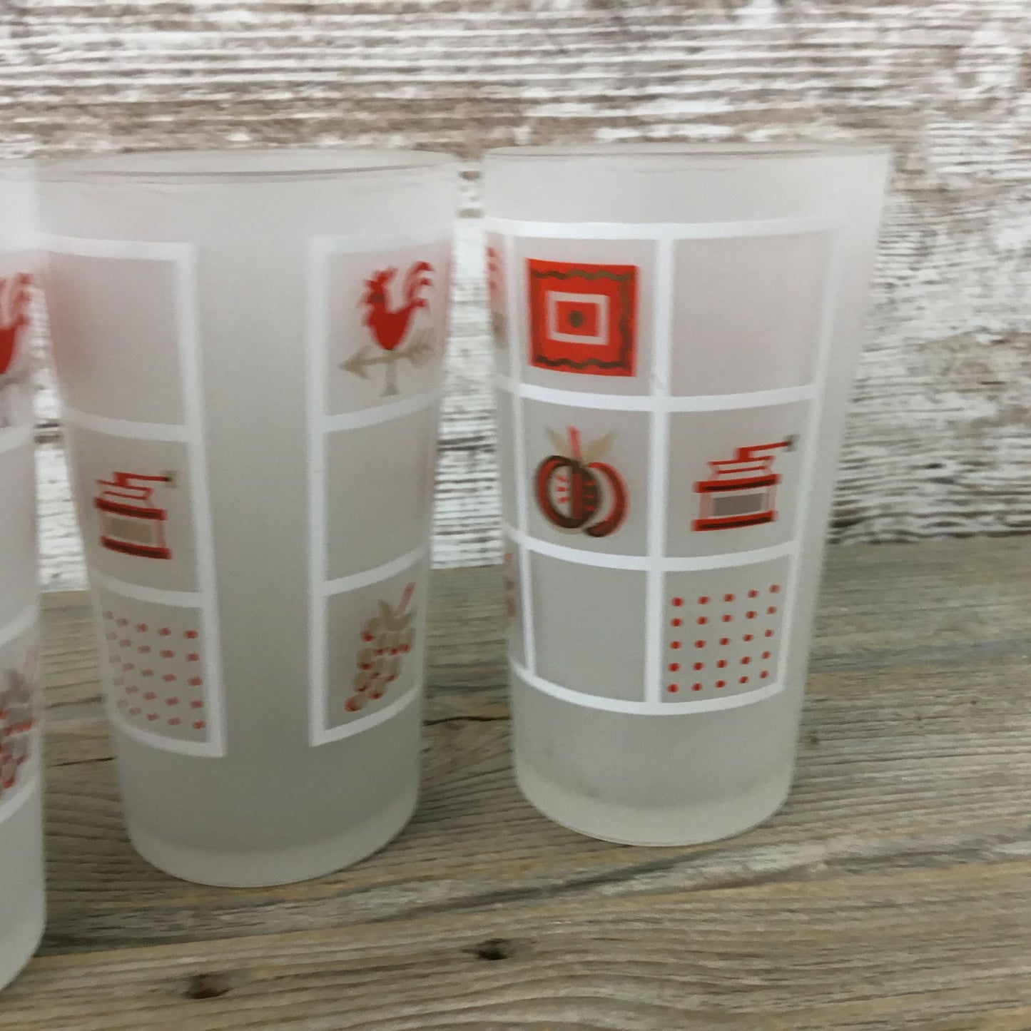 Set Of 3 Vintage Anchor Hocking Frosted Glasses With Red White & Gold Farmhouse