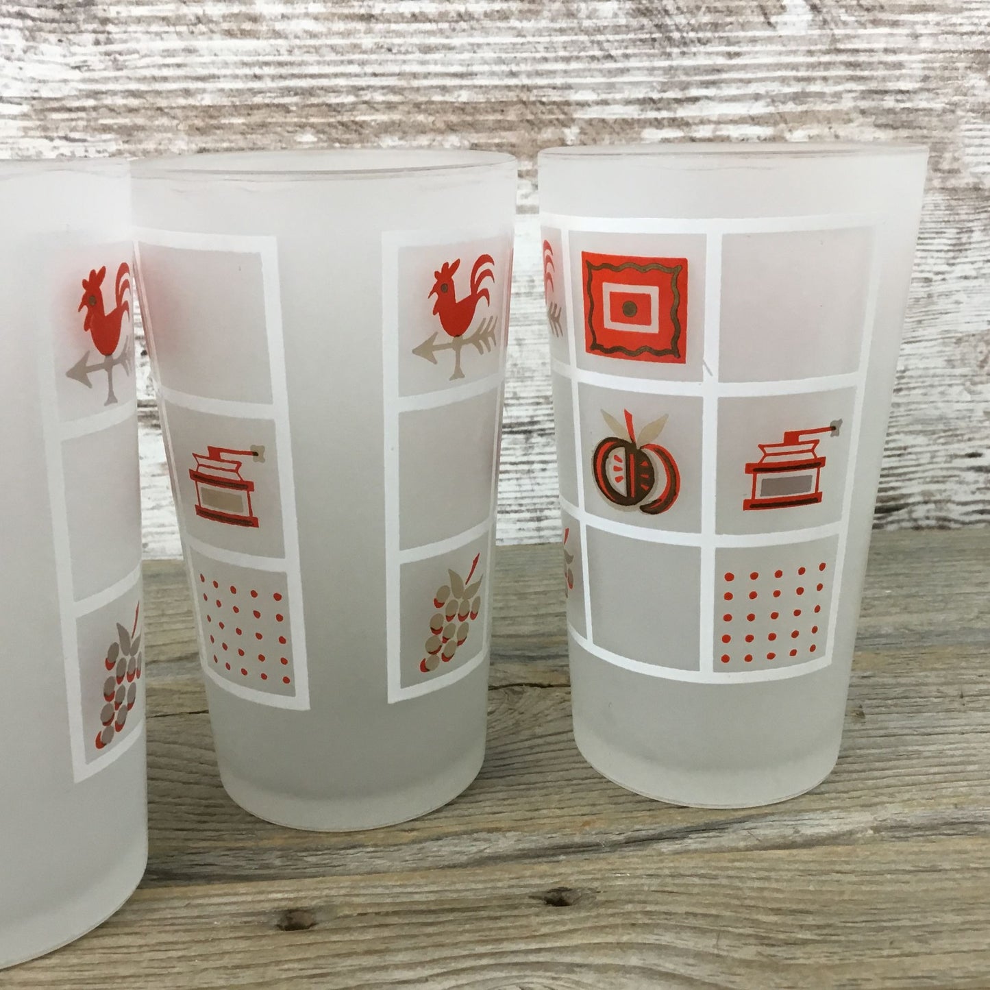 Set Of 3 Vintage Anchor Hocking Frosted Glasses With Red White & Gold Farmhouse