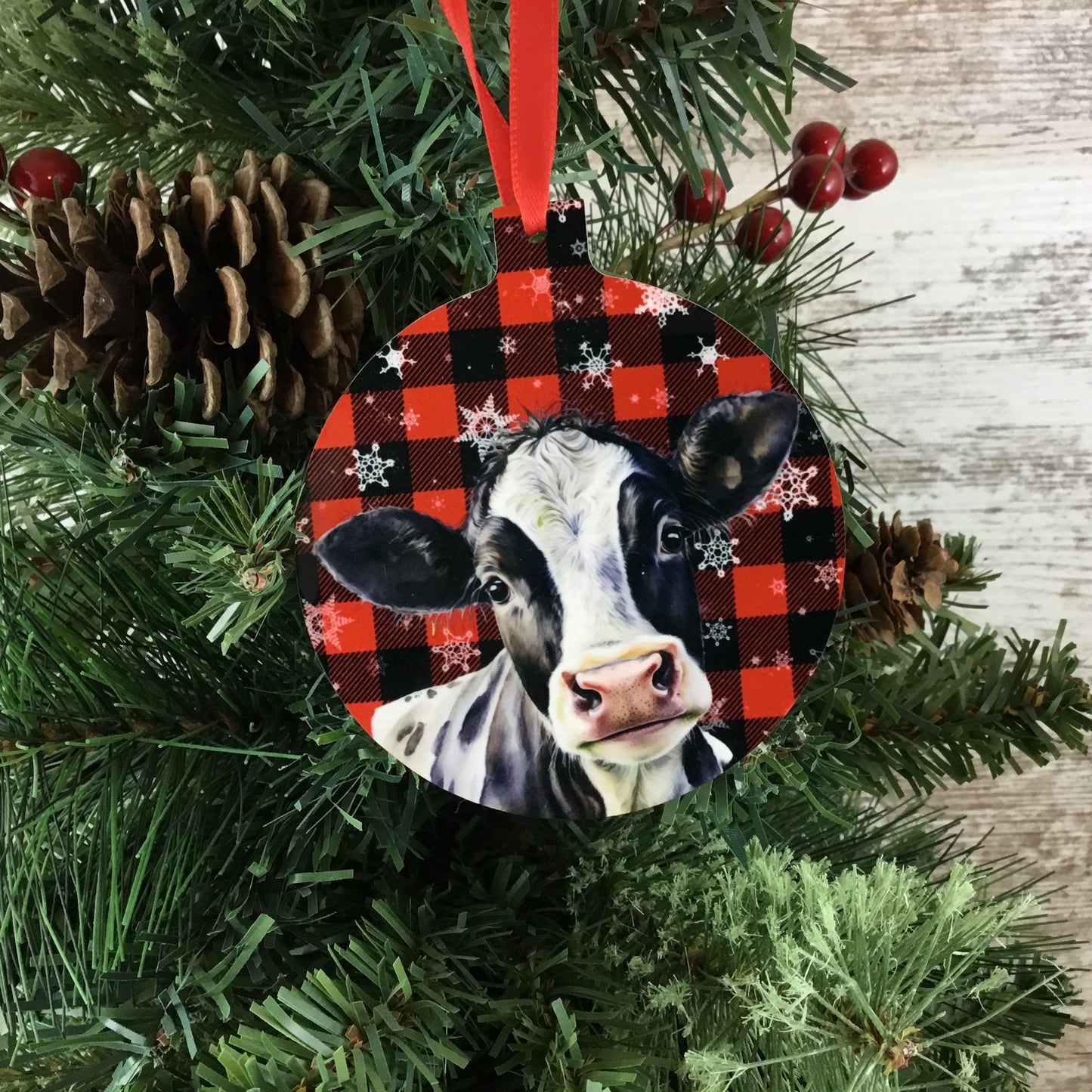 Black and White Dairy Cow Christmas Ornament Double Sided