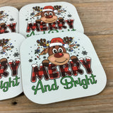 Merry and Bright Reindeer Christmas Coasters Set of 4