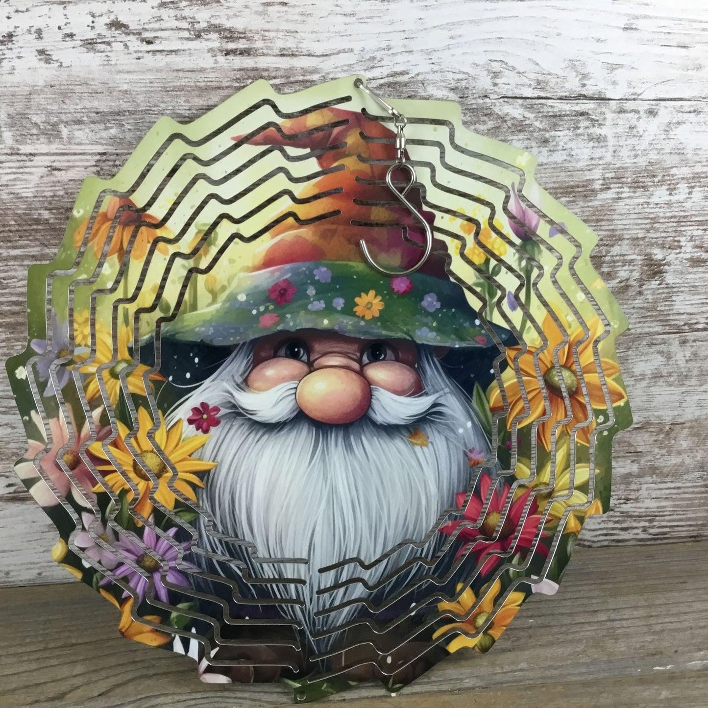 Gnome and Flowers Wind Spinner 10"