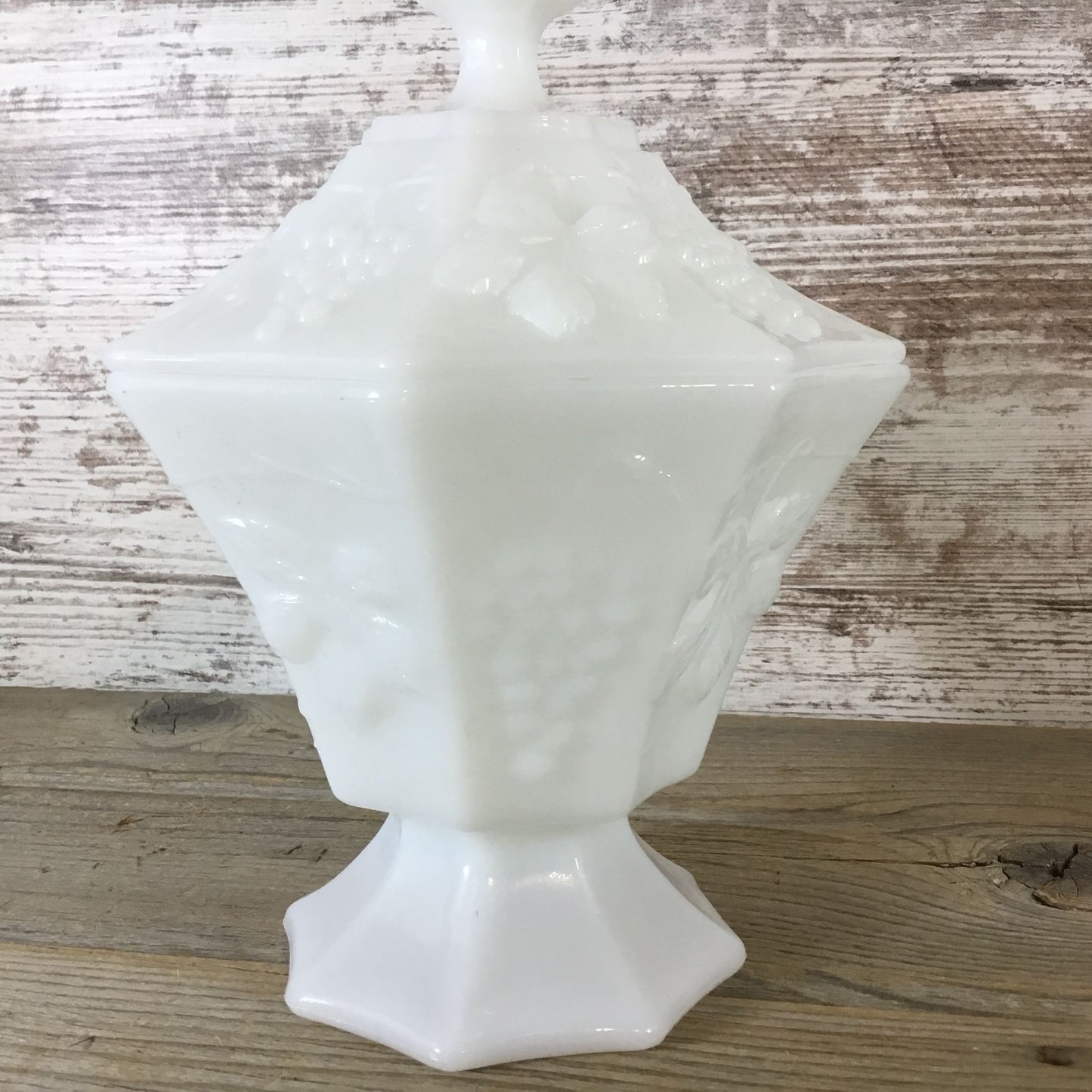 Vintage Anchor Hocking Milk Glass Grape Pattern Pedestal Octagon Candy Dish