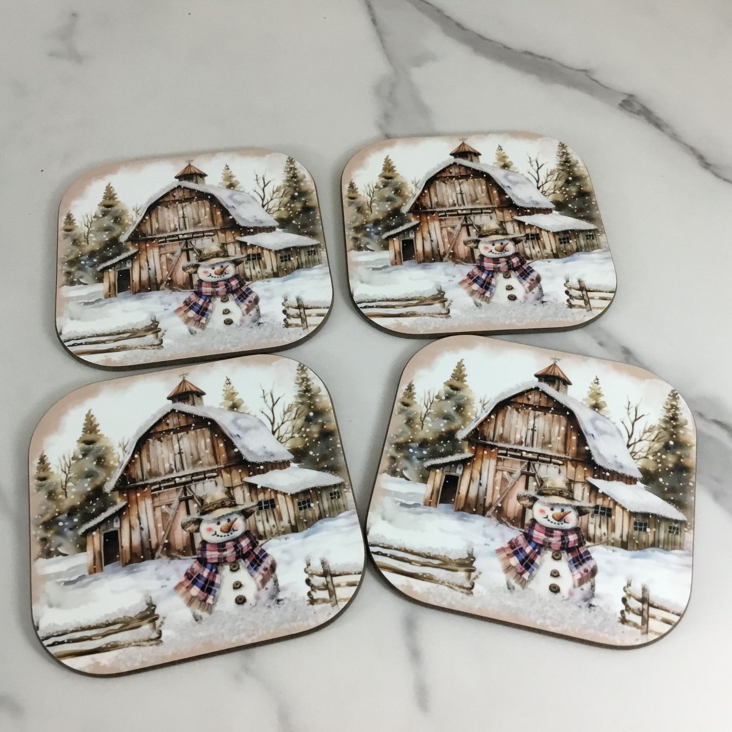 Rustic Country Snowman Wood Hardboard Coasters Set of 4