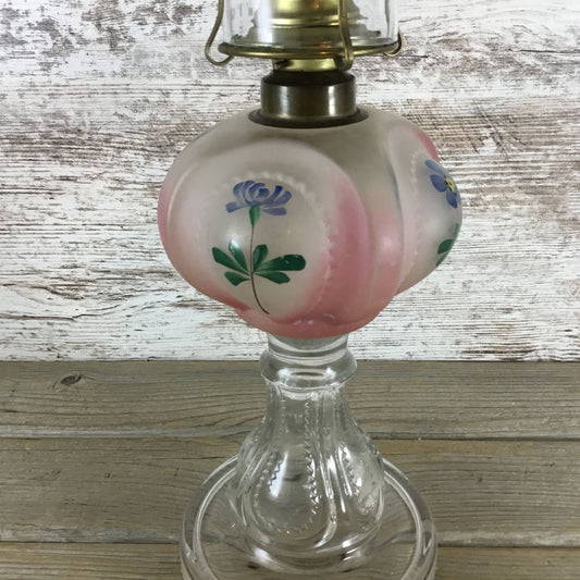 Vintage Kerosene Oil Lamp Pink & Frosted Glass Blueish Purple Flowers 17"