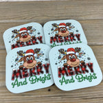 Merry and Bright Reindeer Christmas Coasters Set of 4