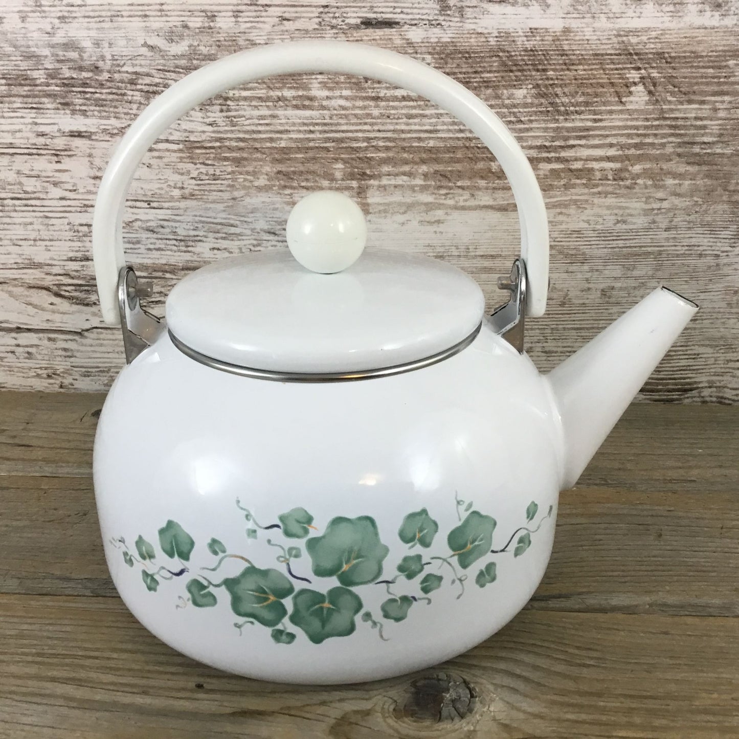 Vintage Callaway Green Ivy White Enamel Teapot With Handle And Lid