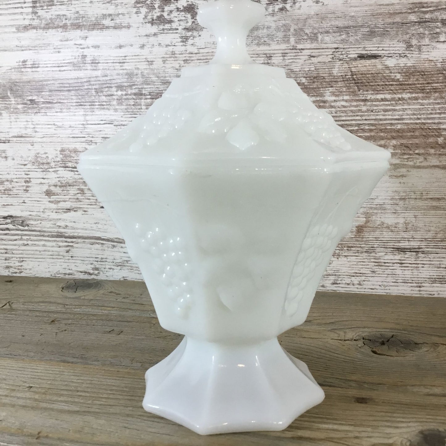 Vintage Anchor Hocking Milk Glass Grape Pattern Pedestal Octagon Candy Dish