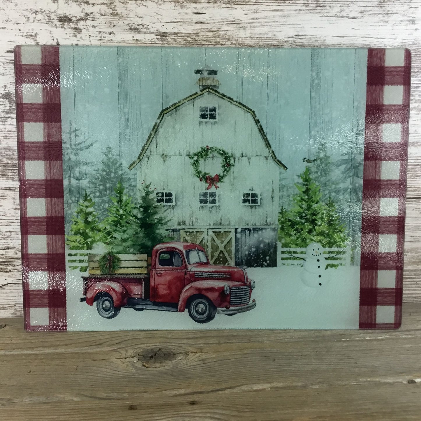 Red Truck Winter Farm Glass Cutting Board