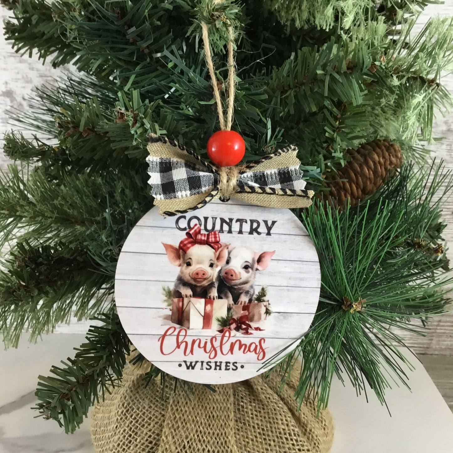 Pig Country Christmas Wishes Round Rustic Christmas Ornament