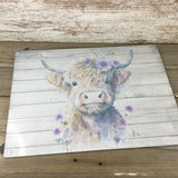 Highland Cow Purple Flower  Glass Cutting Board