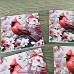 Male Cardinal and Flowers Set of 4 Sandstone Coasters