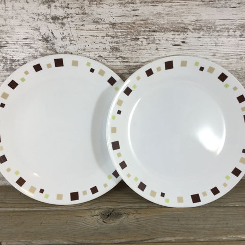 Two Corelle Geometric Dinner Plates 10 1/4 inch Brown Tan Squares