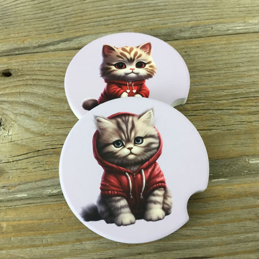 Fuffy Cat in Sweatshirt Car Coasters Set of 2