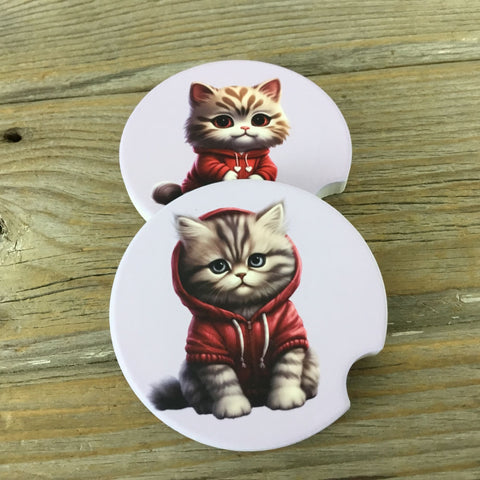 Fuffy Cat in Sweatshirt Car Coasters Set of 2