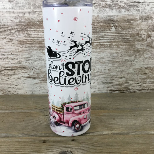 Don't Stop Believing 20 oz Christmas Skinny Tumbler