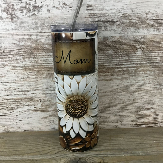 Brown and White Flowers Leather Look Personalized 20 oz Skinny Tumbler