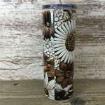Brown and White Flowers Leather Look Personalized 20 oz Skinny Tumbler