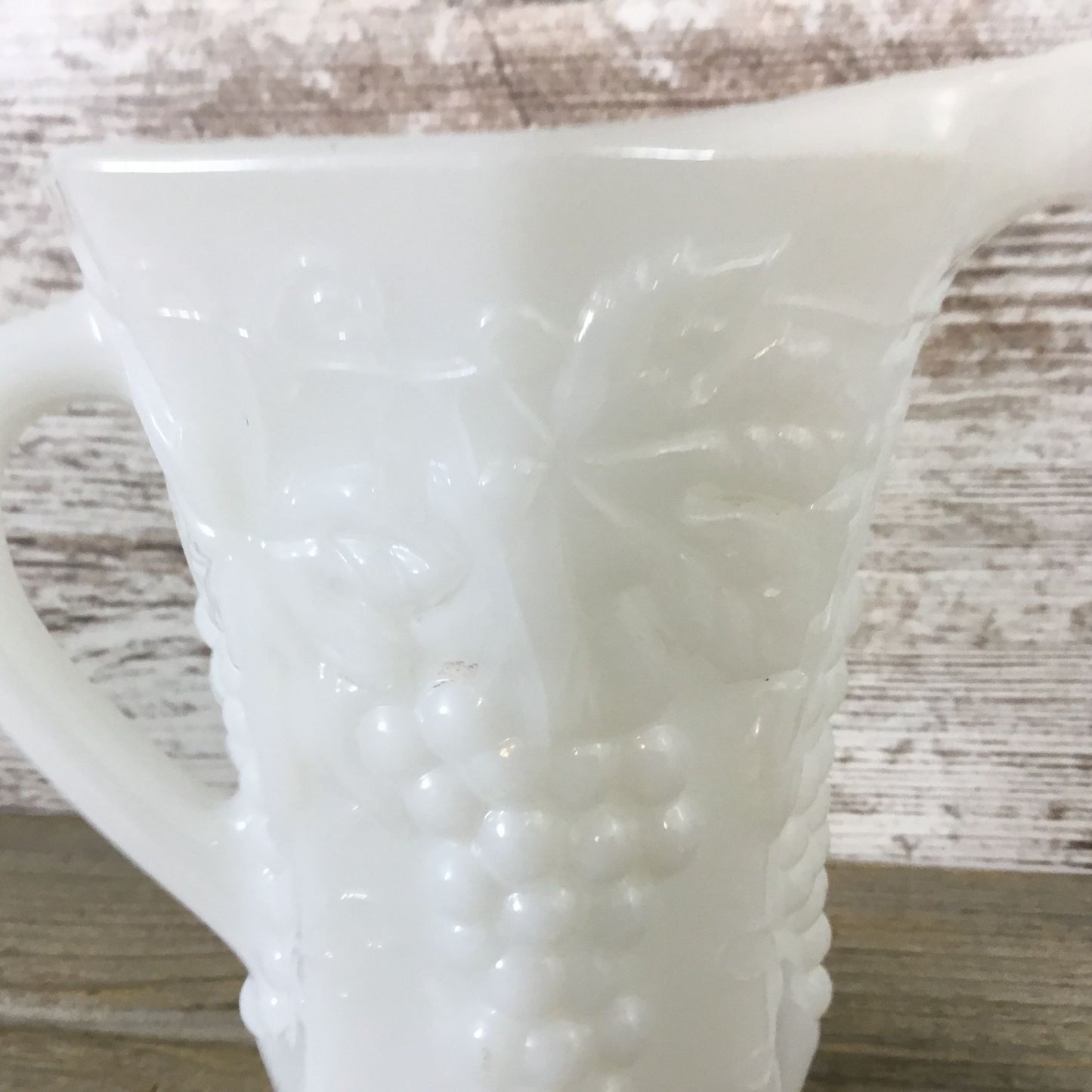 Vintage Anchor Hocking White Milk Glass Pitcher Vase Grapes Vines Leaves