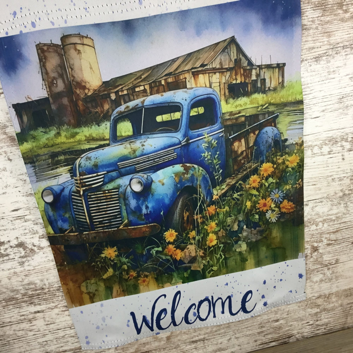 Vintage Blue Truck Barn Welcome Garden Flag - Rustic Country Yard Art