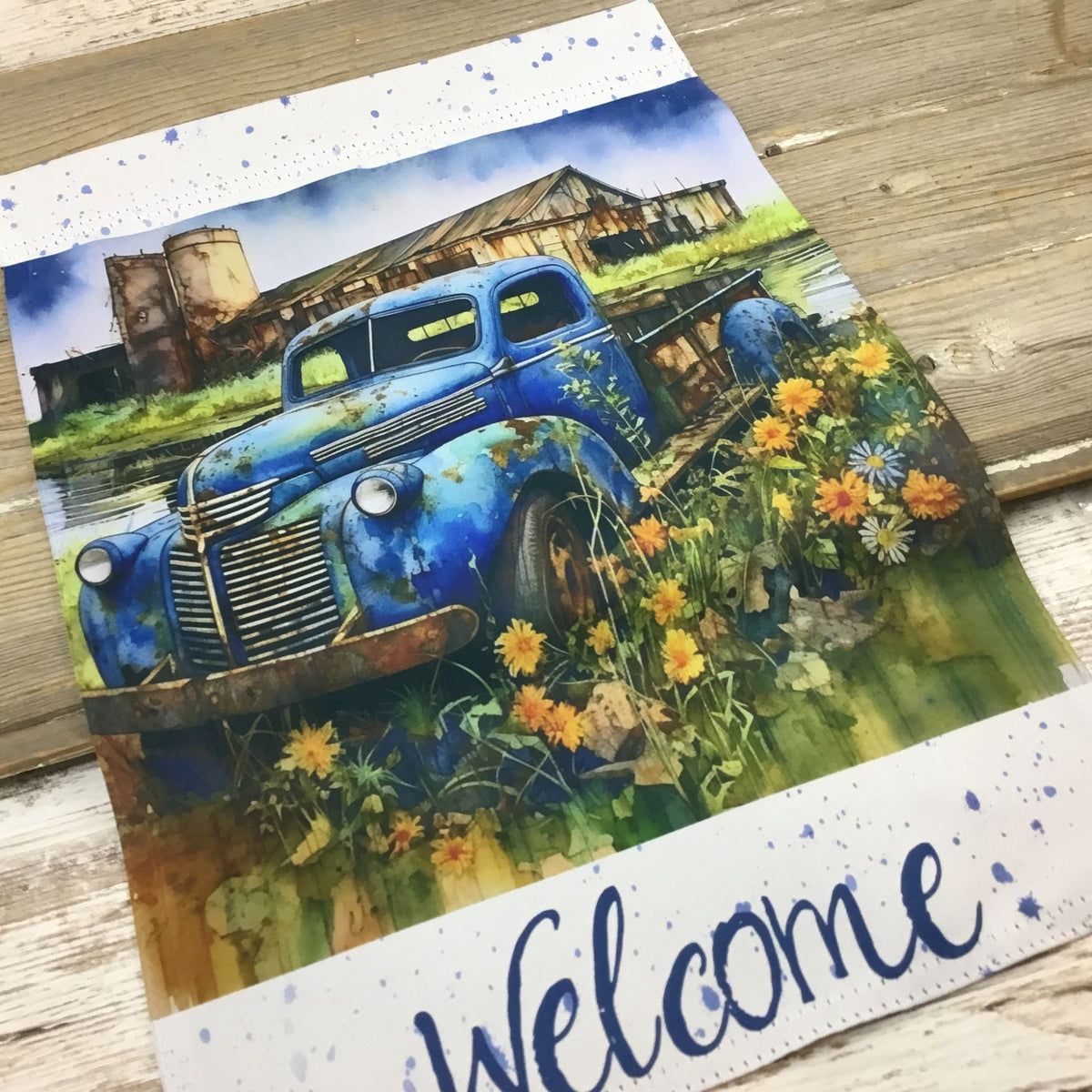 Vintage Blue Truck Barn Welcome Garden Flag - Rustic Country Yard Art