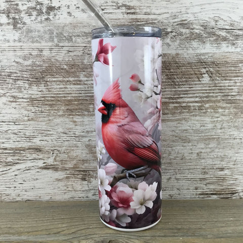 Male Cardinal and Flowers 20 oz Skinny Tumbler
