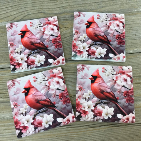 Male Cardinal and Flowers Set of 4 Sandstone Coasters