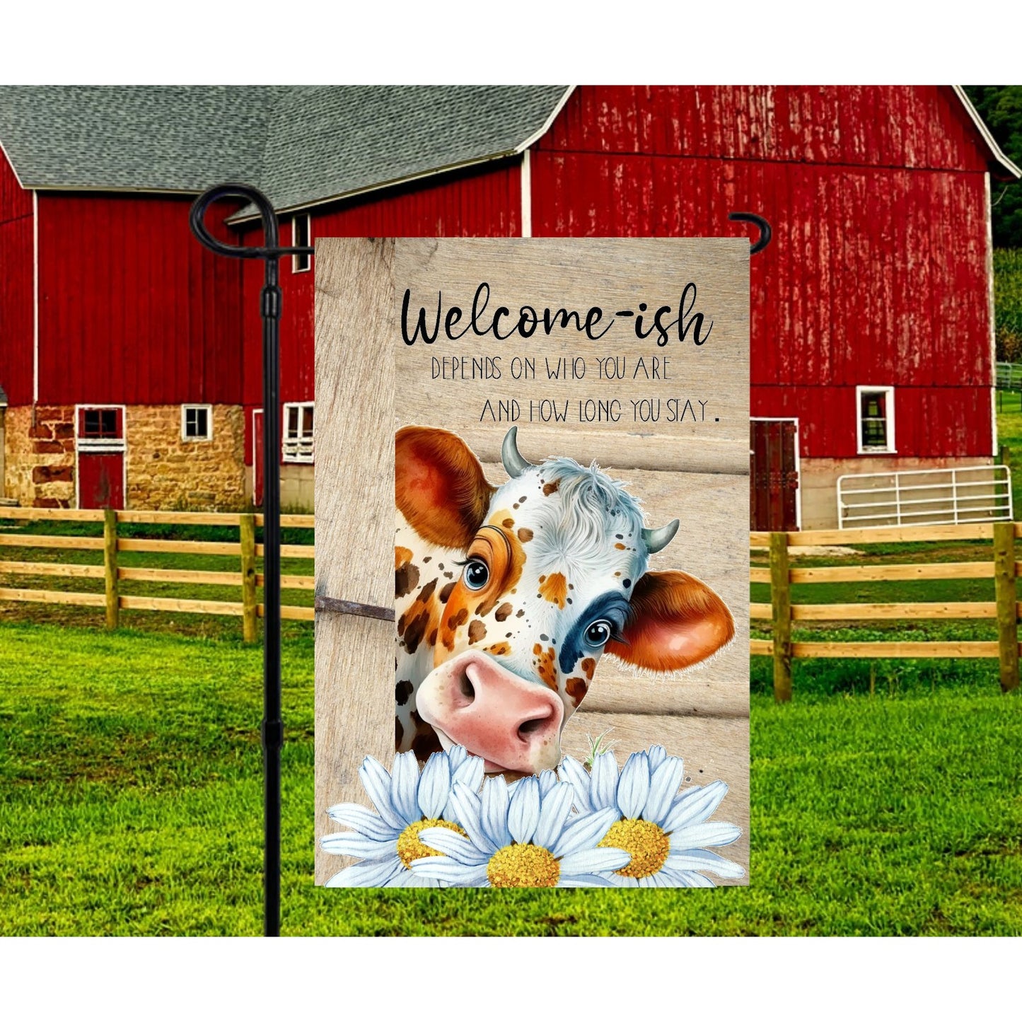 Welcome-ish Rustic Cow Garden Flag 12" x18"  Double-Sided