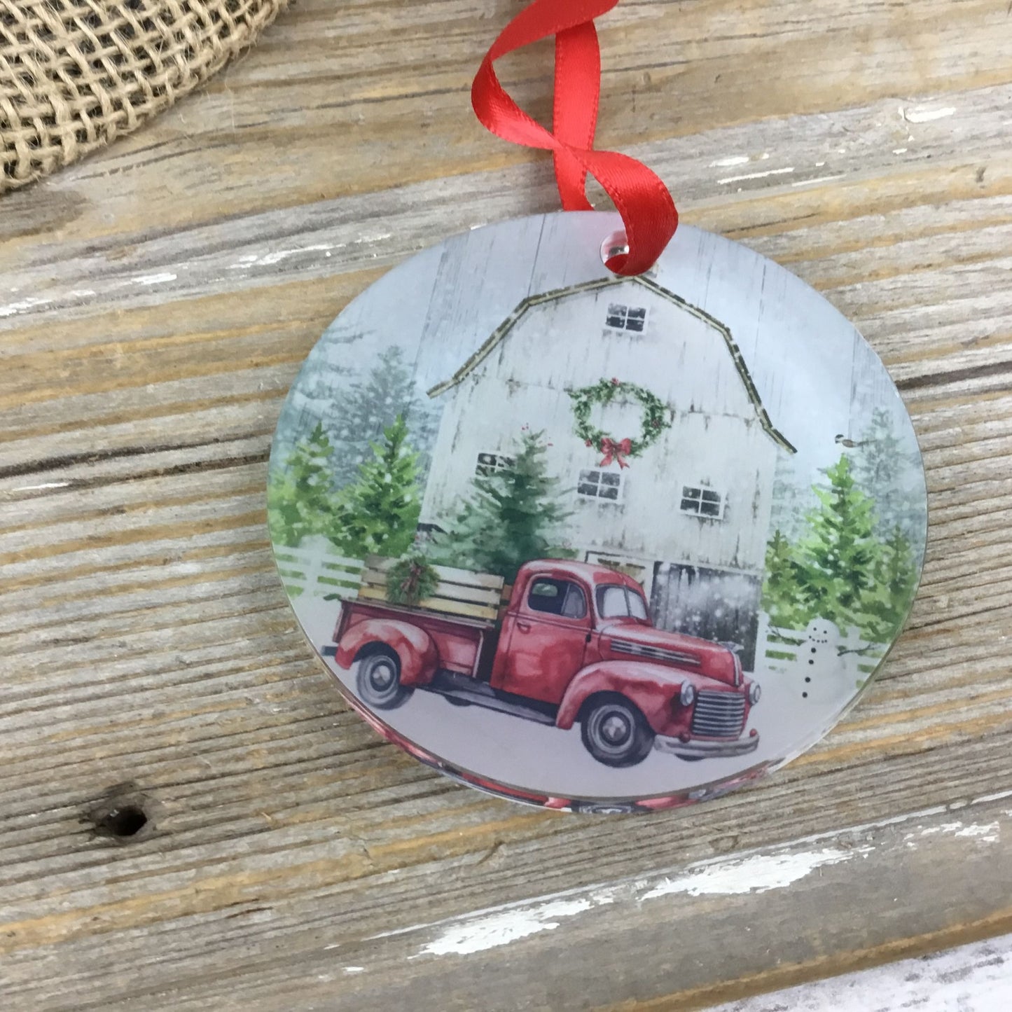 Red Truck Winter Farm Christmas Ornament