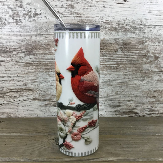 Cardinals and Blooms Hand-Sewn Style 20 oz Skinny Tumbler