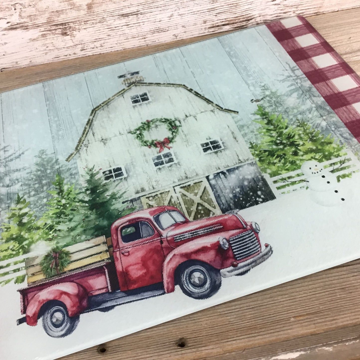 Red Truck Winter Farm Glass Cutting Board