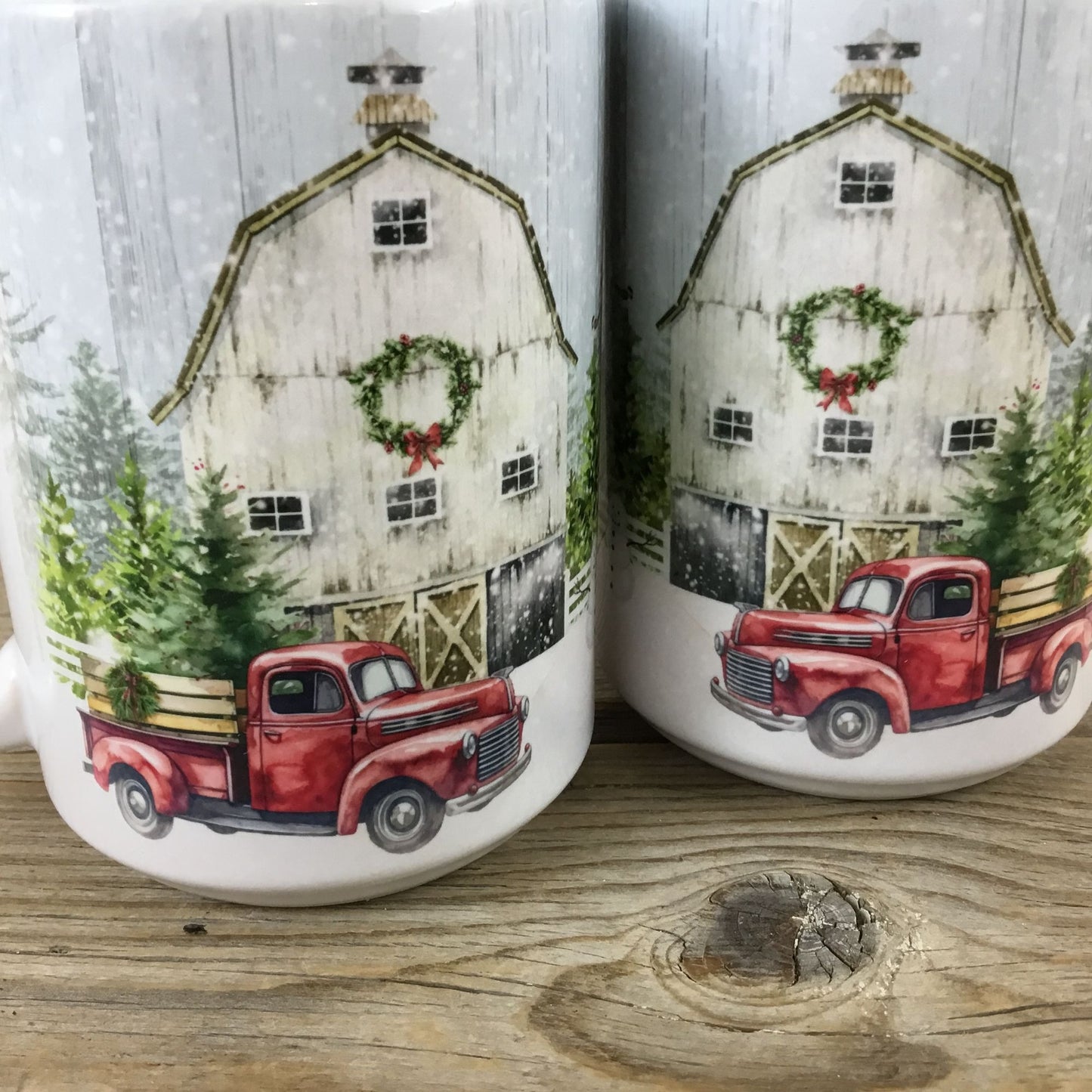 Set of 2 - OOPS Red Truck Winter Farm 15 oz Ceramic Coffee Mug